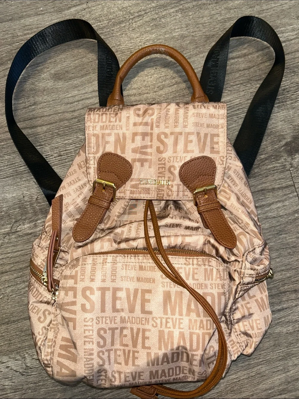 Steve Madden Logo Print Mini Backpack Tan Brown Nylon Drawstring Bag